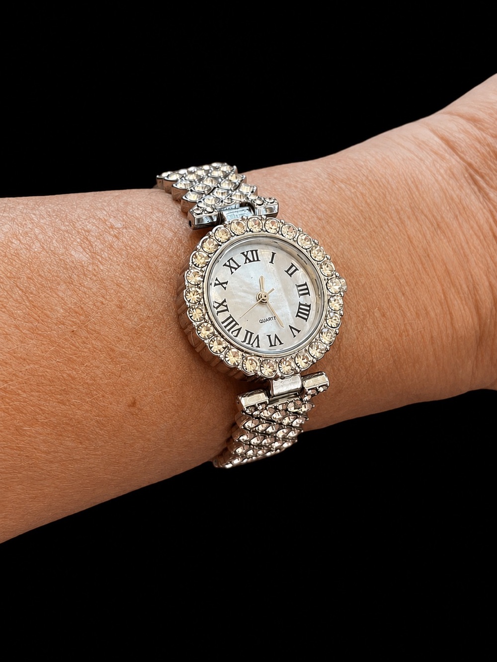 Quartz mother of pearl silver clear rhinestone bling watch